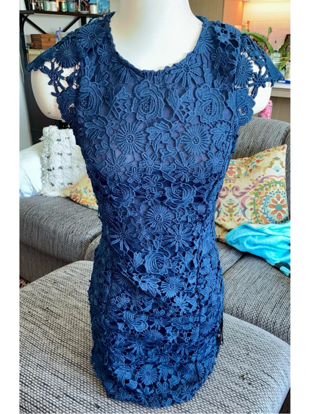 NWT Lulus Semi-formal Backless Above-Knee Lace Navy Dress, Sz S
